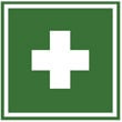 A white cross on a green background is used to indicate first aid and workplace/occupational health and safety.