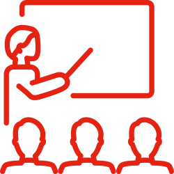 An icon of a teacher holding a long pointer standing in front of students