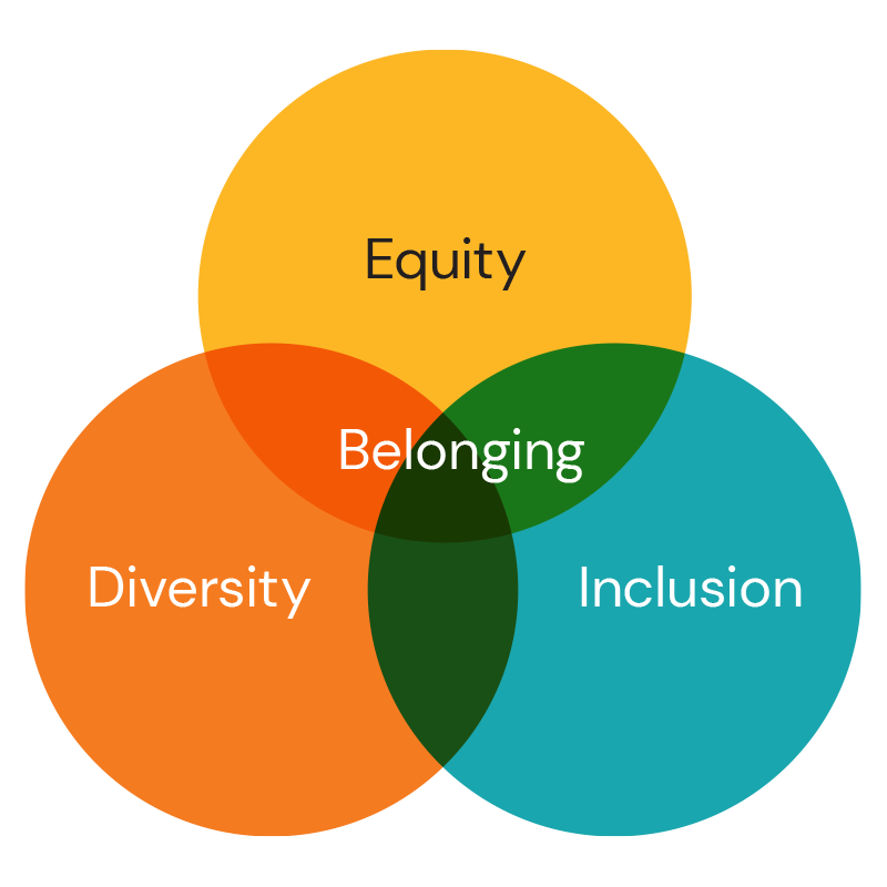 A Venn diagram of three circles labelled equity, diversity and inclusion. At the centre, where all three overlap, is belonging.
