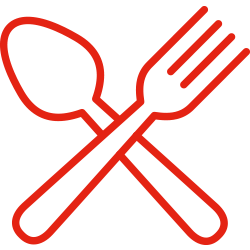 An icon of a crossed fork and spoon, representing food