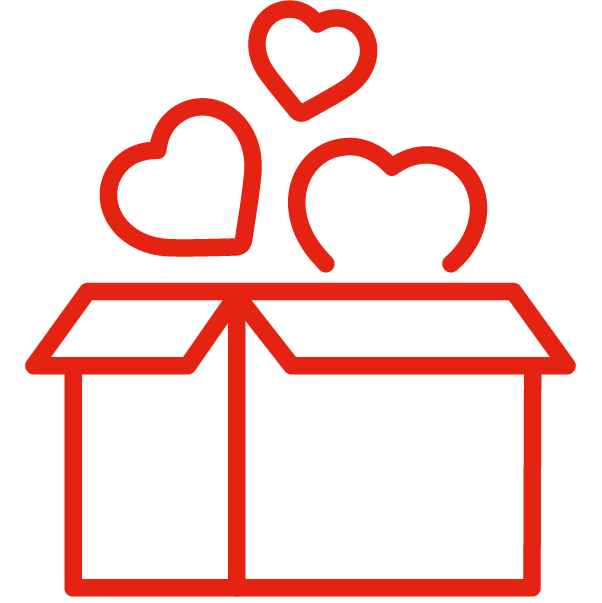 An icon of an open box with three hearts inside