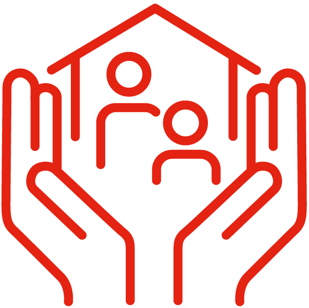 An icon of two hands holding a house with two people inside