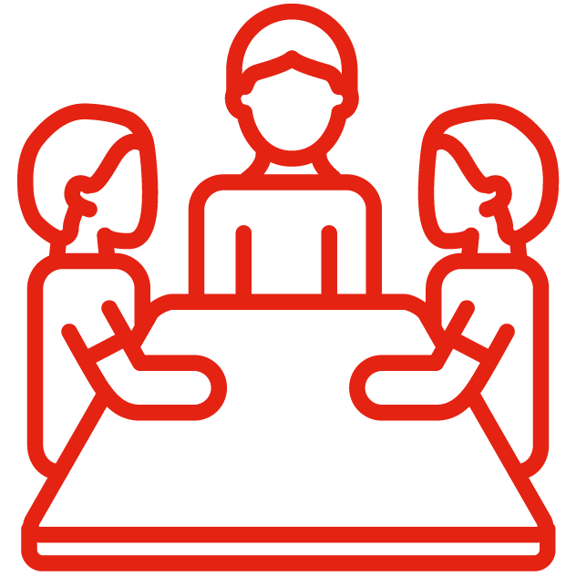 An icon of three people meeting around a table. Two face each other while a third person stands