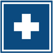 A white cross on a blue background is otherwise often used on road signs to indicate a public hospital.