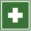 A white cross on a green background is used to indicate first aid and workplace/occupational health and safety.